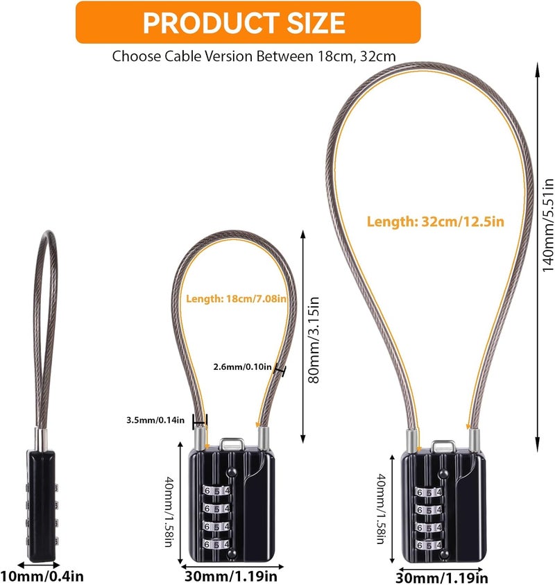 SEPOX ® Compact Design Resettable Combination Padlock 4 Digit, 30mm 1-3/16" Width Body, Extra Long 16cm Cable Lock for Suitcase, Travel, Gym Lockers, Helmet, Cabinets, Case, Fence, Pack of 4 Black - Image 3